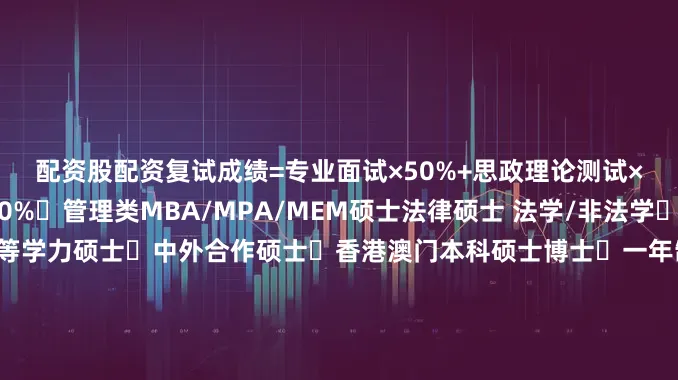 配资股配资复试成绩=专业面试×50%+思政理论测试×30%+外国语测试×20%▷管理类MBA/MPA/MEM硕士法律硕士 法学/非法学▷农业MBA经管硕士▷同等学力硕士▷中外合作硕士▷香港澳门本科硕士博士▷一年制海外硕士▷节假日寒暑假硕士▷美国名校硕士博士▷国内全日制/非全博士海外全日制/在职博士本文首发于公众号【川研教育MBA工商管理硕士研究生】发布于：四川省